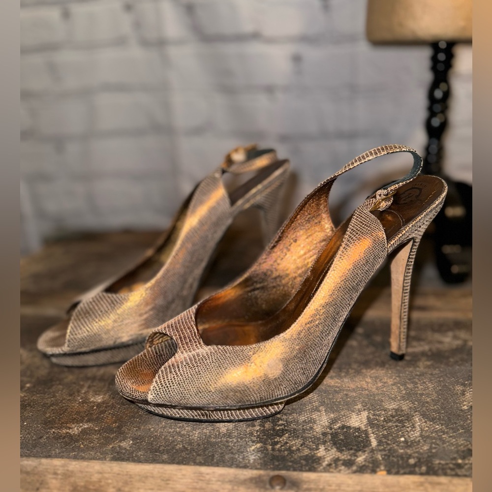Gina Metallic Gold Lizard Embossed Leather Platform Peep Toe Slingback Sandals